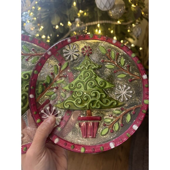 Set of 2 Christmas holiday rare Tree Glass Appetizer Dessert Plates 8” NWT - Picture 3 of 8